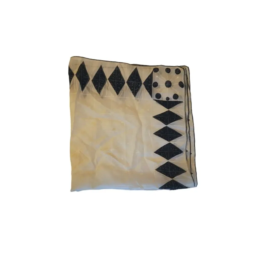 Vintage Sheer Silk Chiffon Scarf Mod Diamond Harlequin Geometric Black Cream